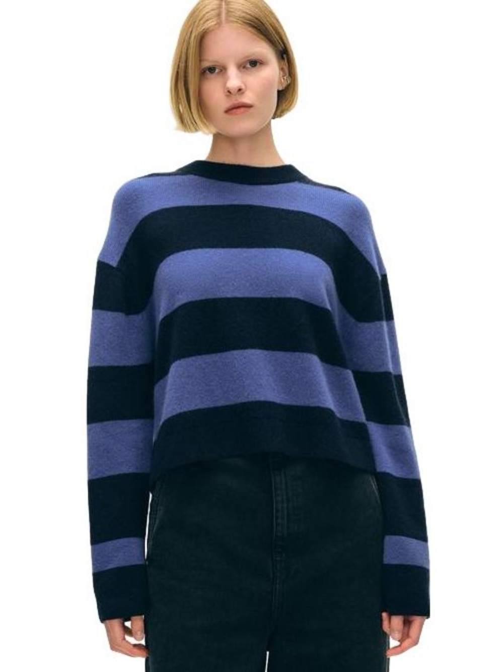100% Cashmere White + Warren Blue Navy Striped Crewneck Sweater.     Sk1